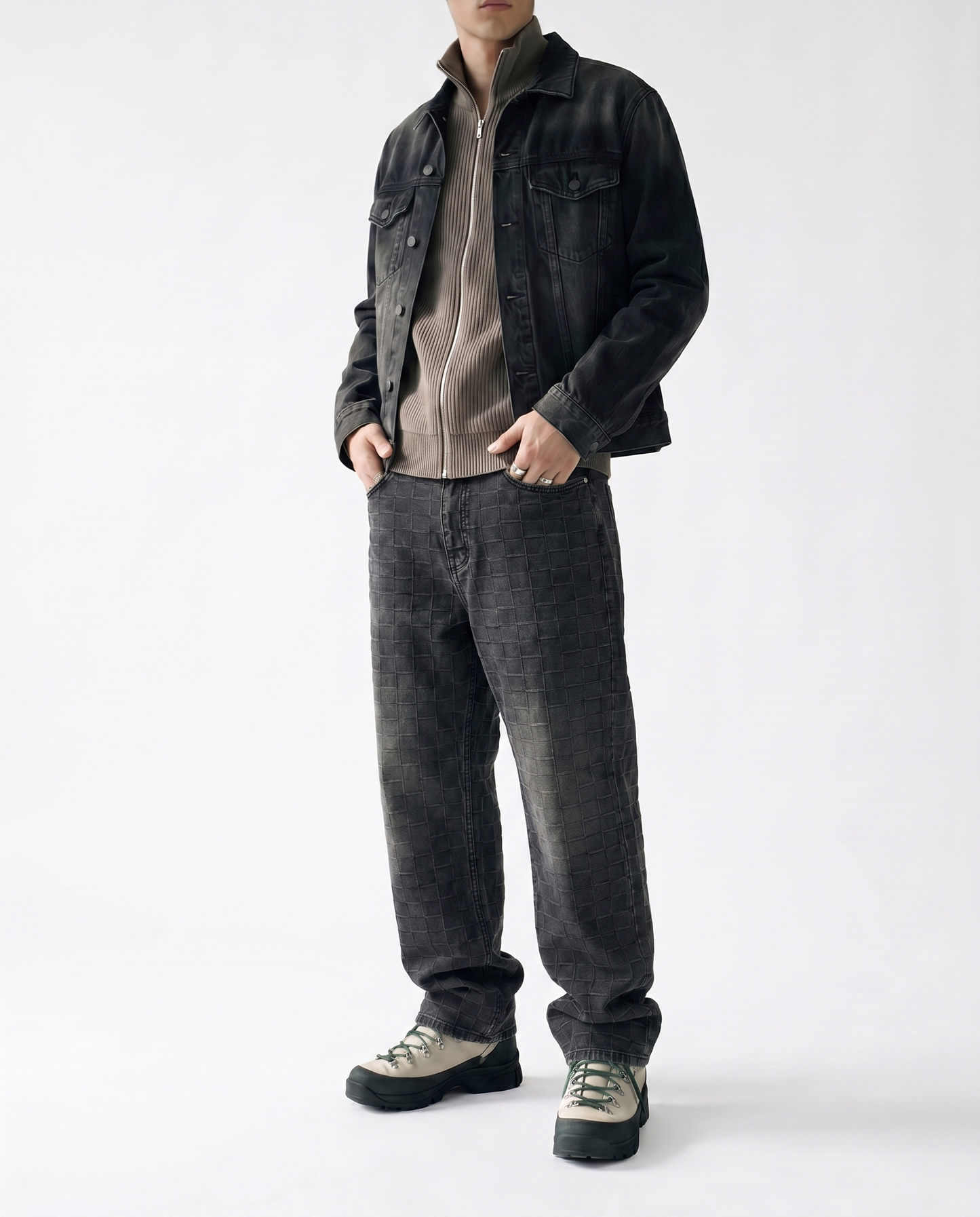 Shadow Grid Baggy Denim Front Model View