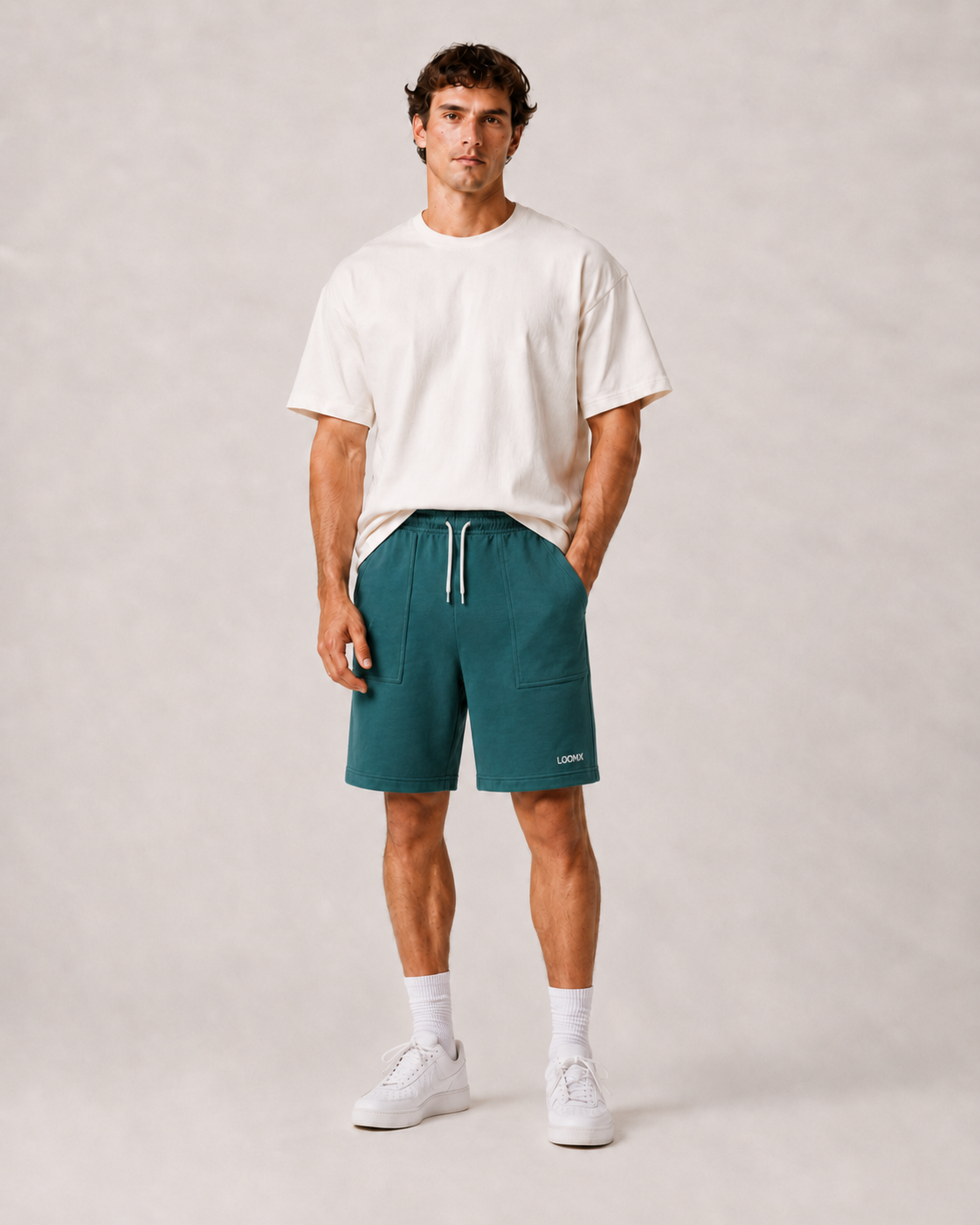 Teal Utility Pocket Shorts Model Front View