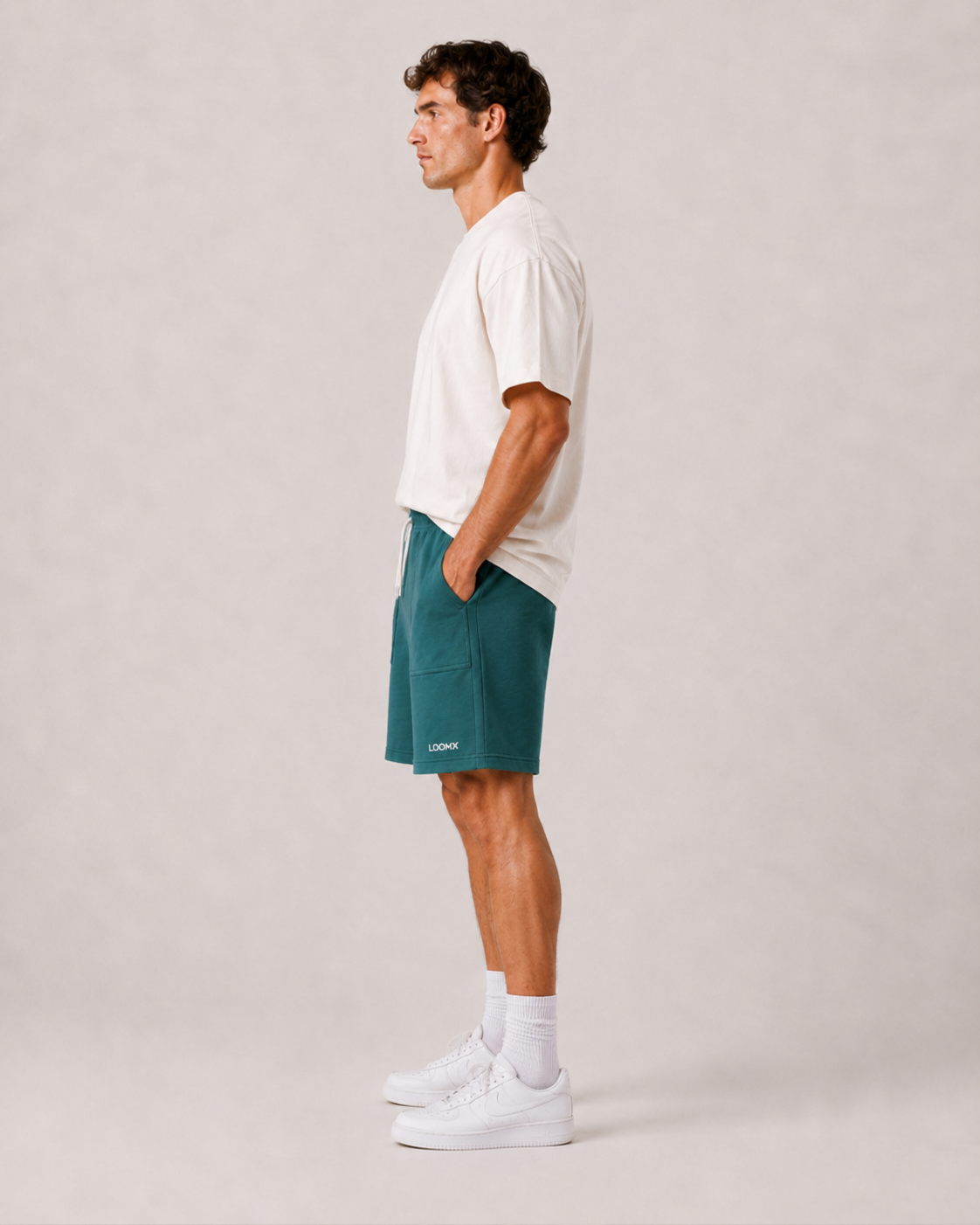 Teal Utility Pocket Shorts Model Side View