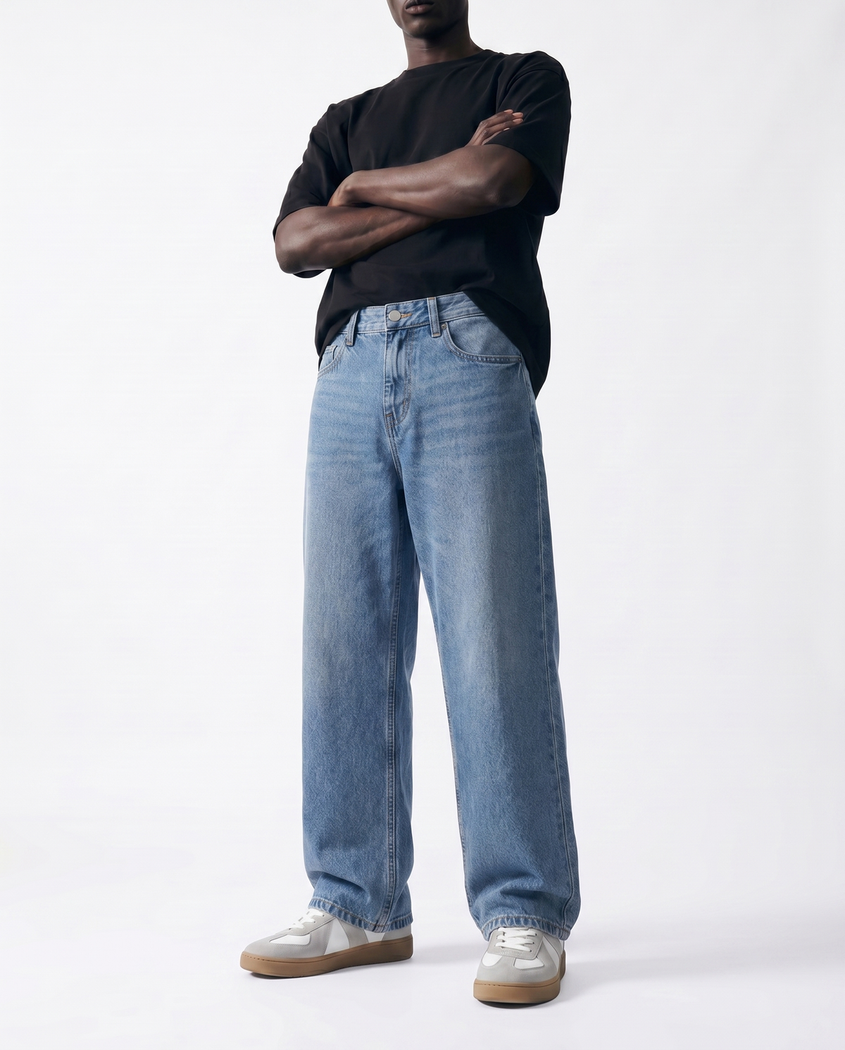 Vintage Blue Baggy Denim Front Model View