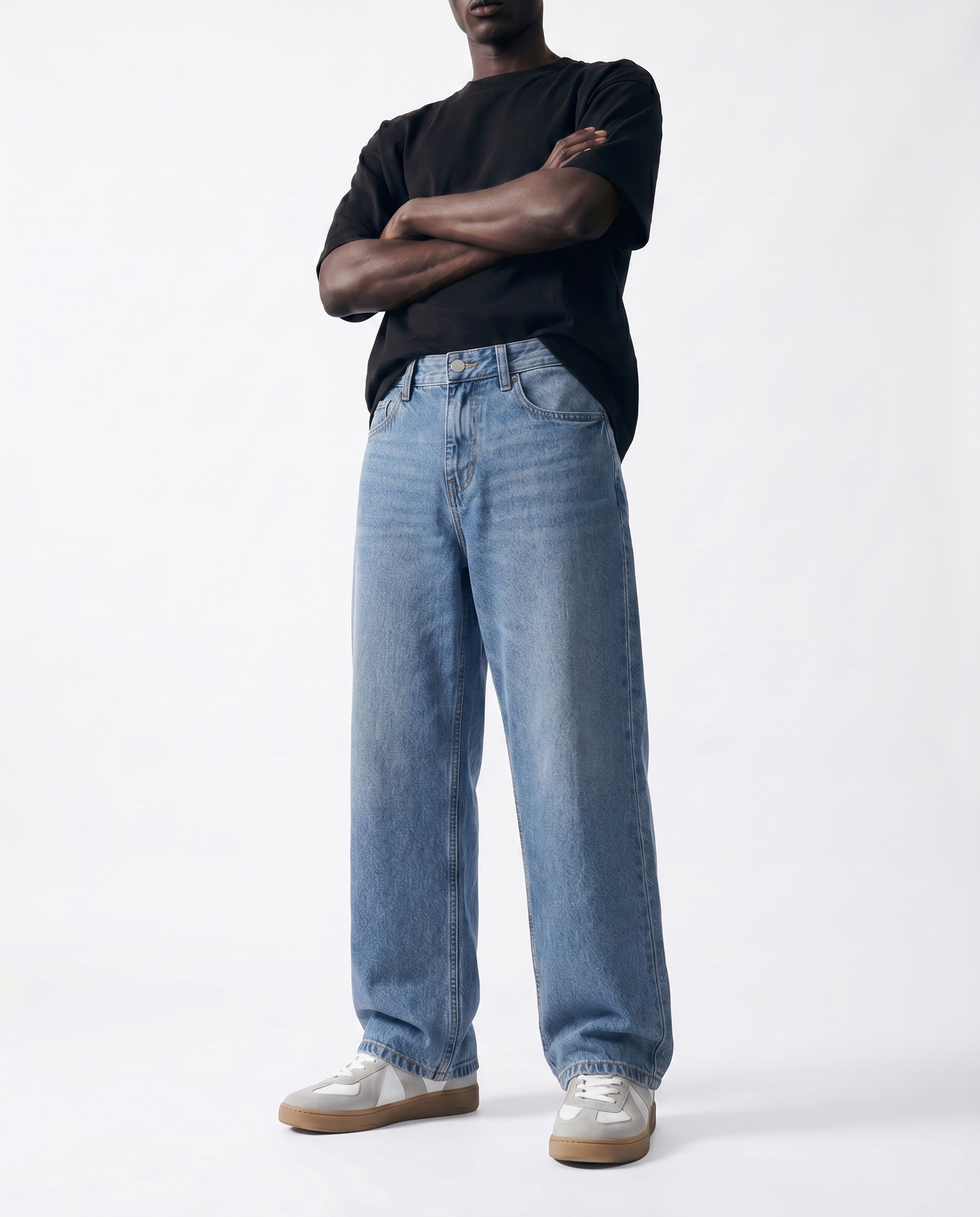 Vintage Blue Baggy Denim Front Model View