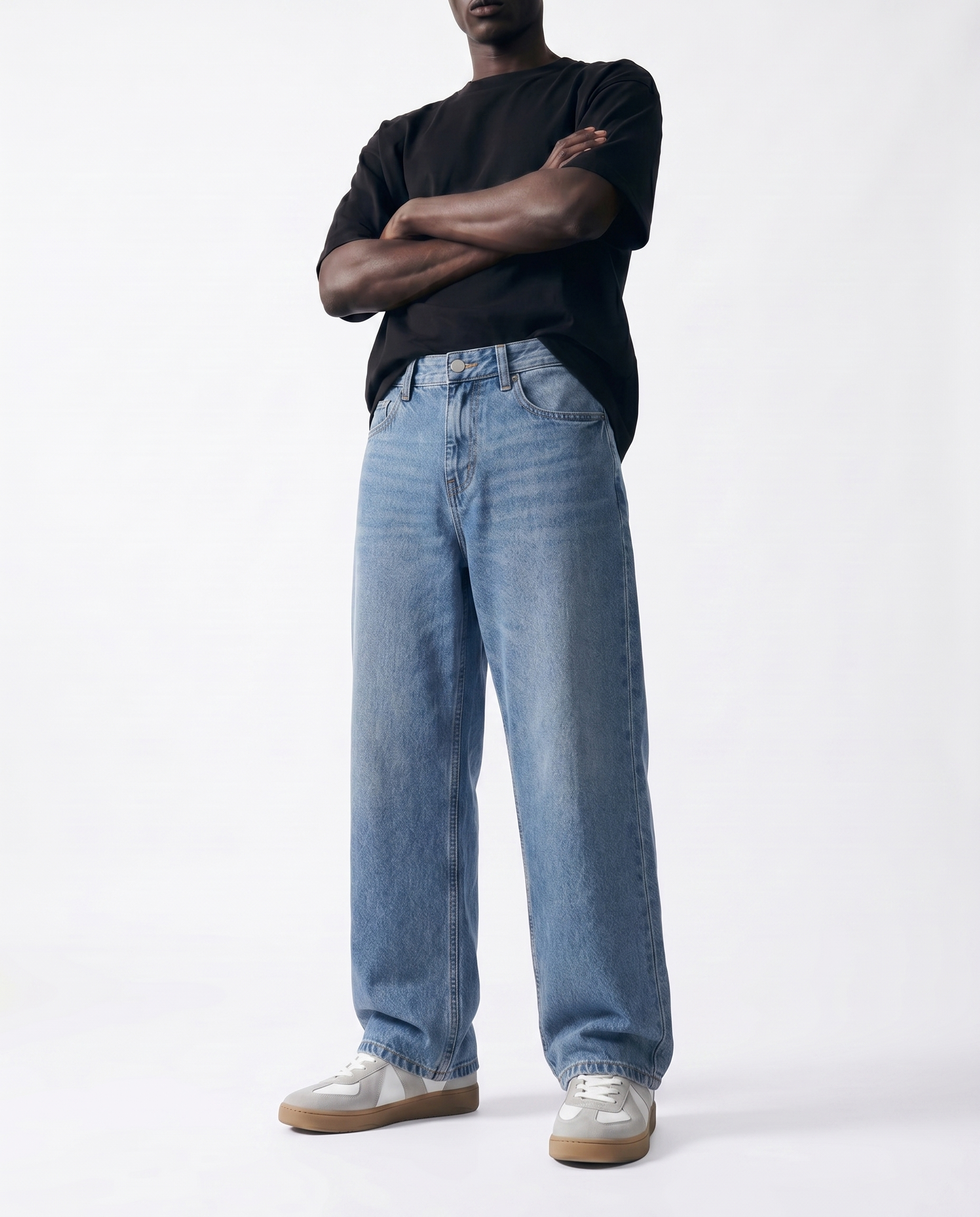 Vintage Blue Baggy Denim Front Model View