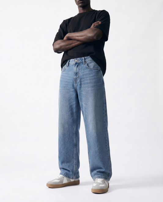 Vintage Blue Baggy Denim Front Model View
