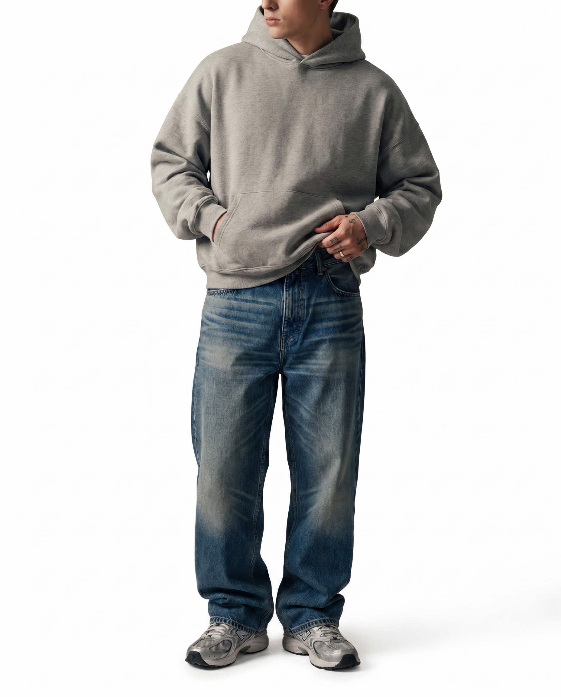 Vintage Indigo Baggy Denim Front Model View