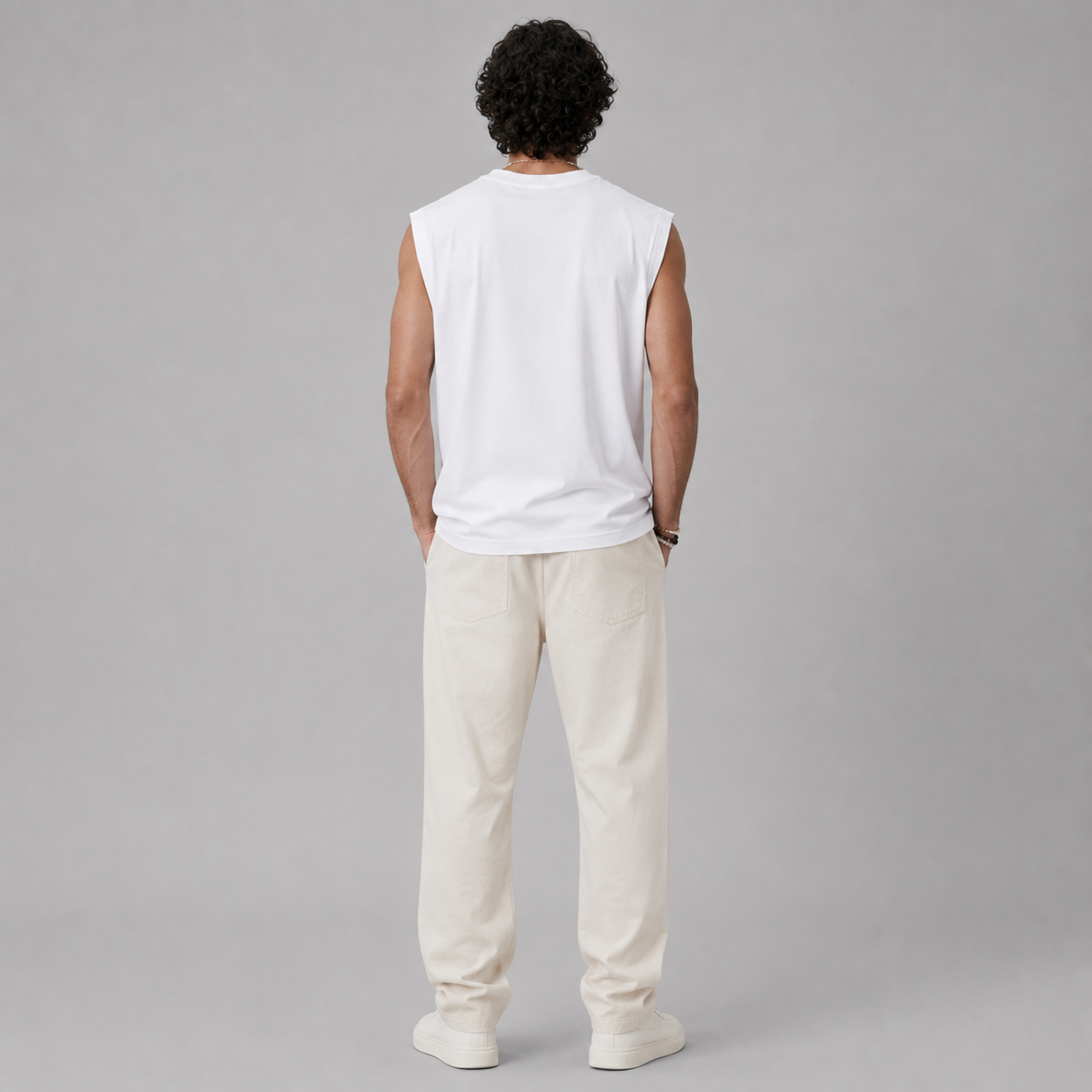 White Muscle Tee Model Back View