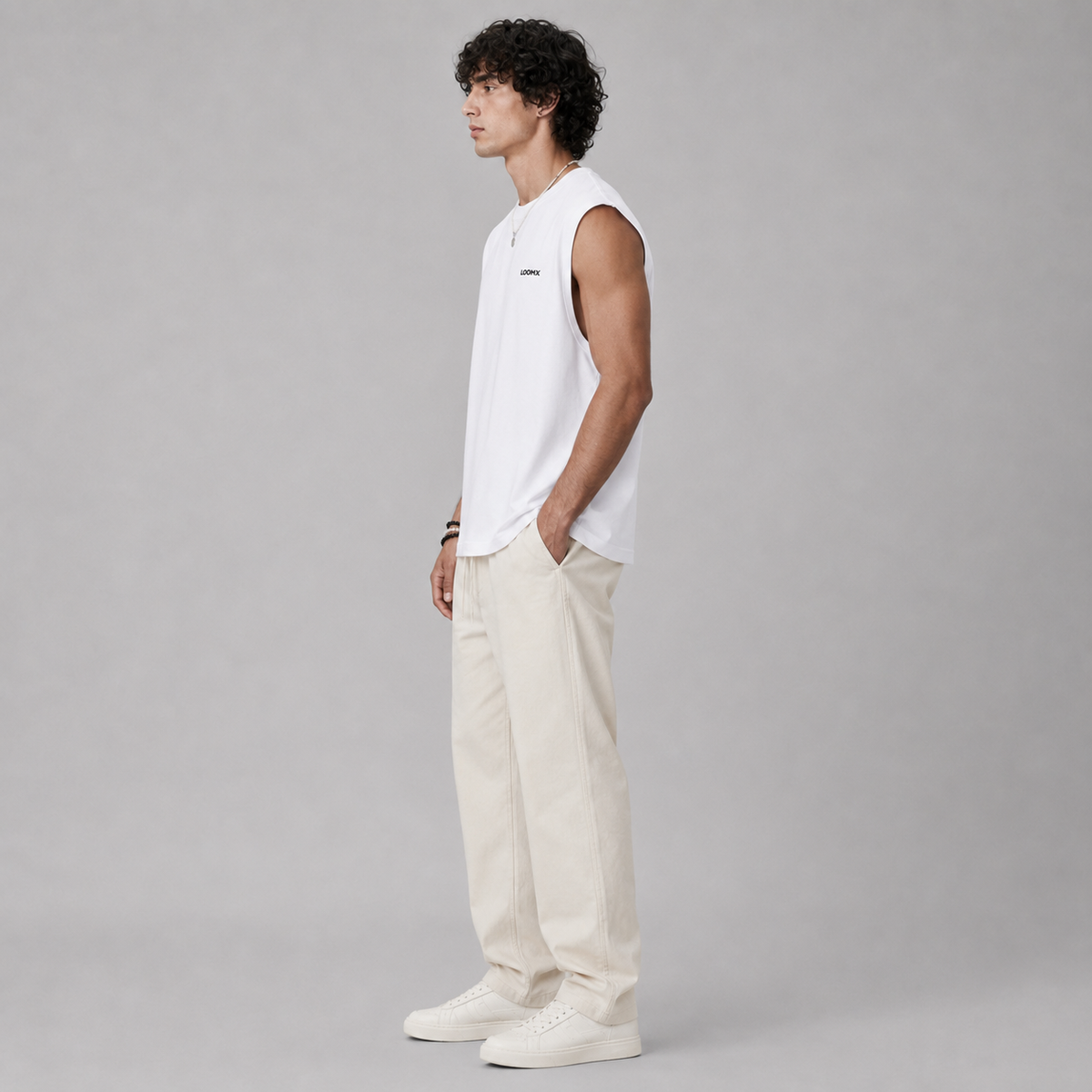 White Muscle Tee Model Side View
