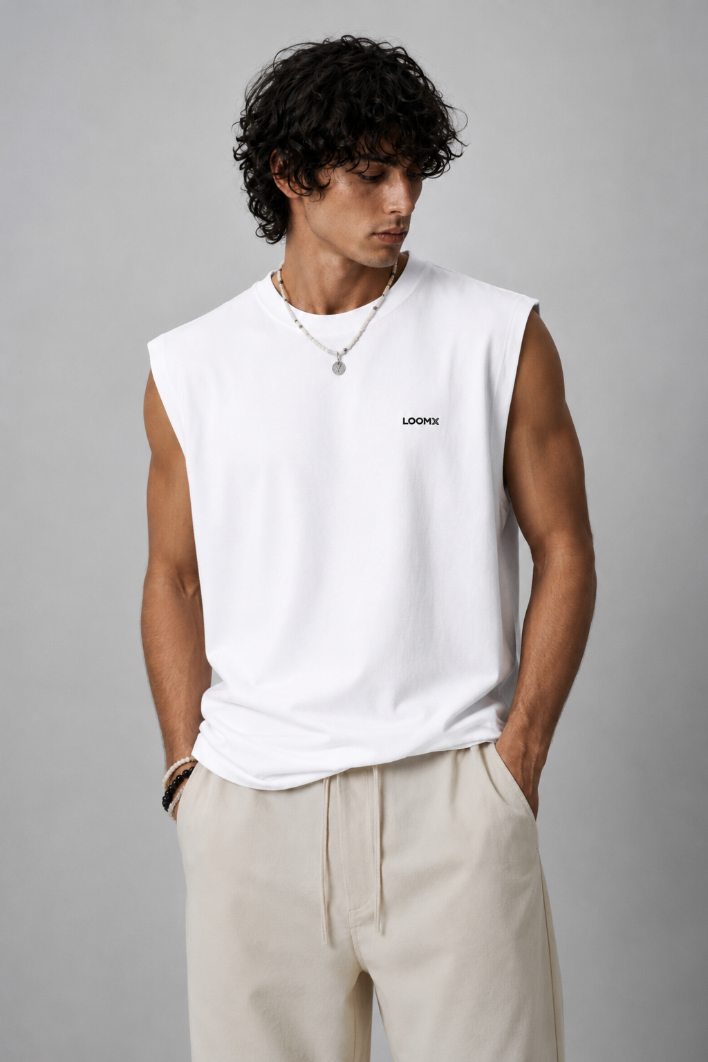 White Muscle Tee Model Front View